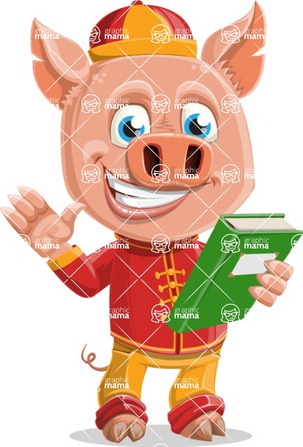 Year of the Pig Character - Vector Pig Cartoon - Year of the Pig Vector Character holding a Book